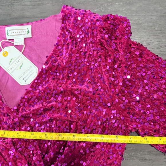 LOVE RICHE Pink Velvet Sequin Long Sleeve V Neck Wrapped Mini Dress Size S - Picture 8 of 12